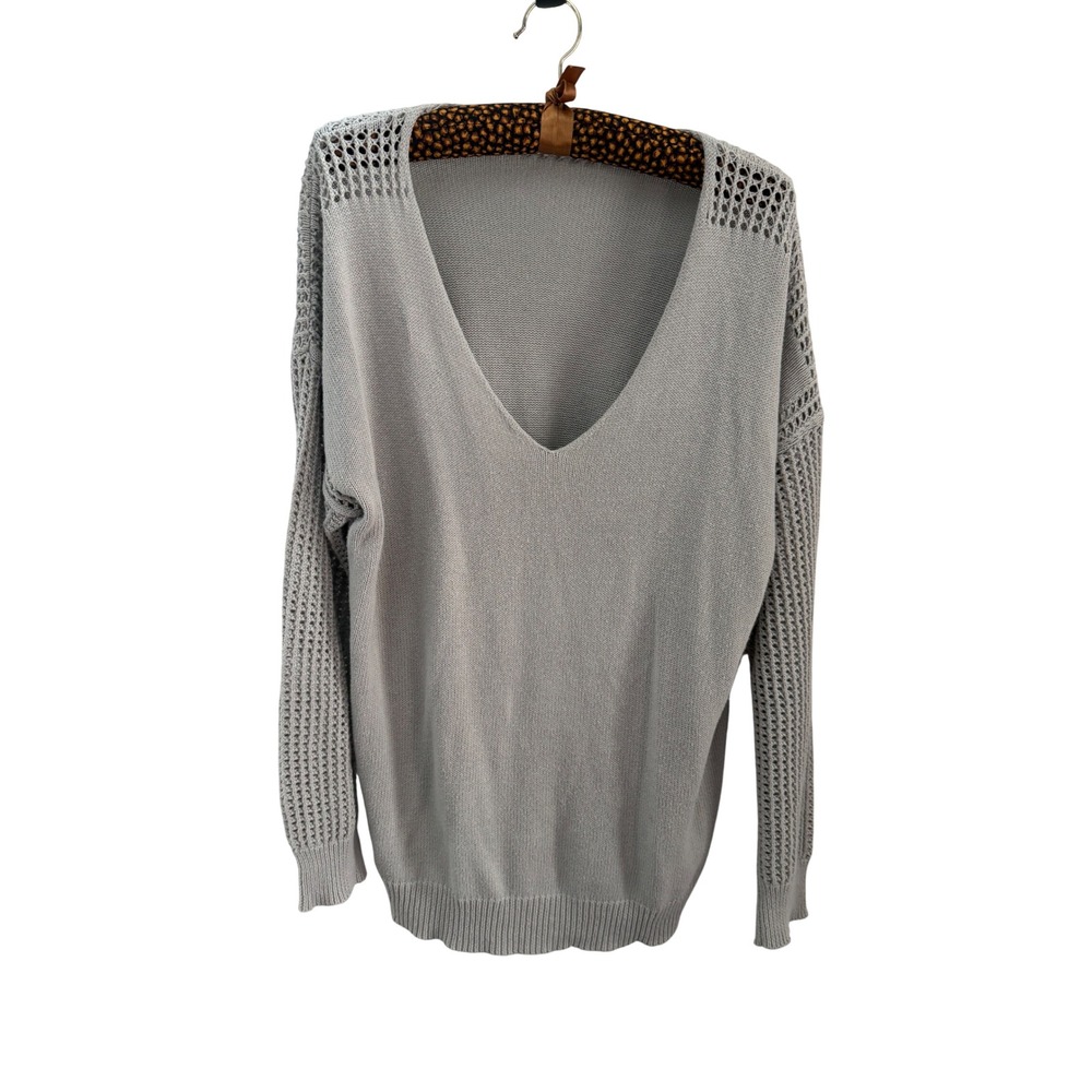 Grey‎ 100% Cotton V-Neck Lightweight Crochet Knit Sweater Womens M